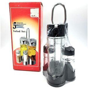 Salad Set 5 Piece Oil Vinegar Salt Pepper Caddy Oldtyme Still Sealed Inside Box